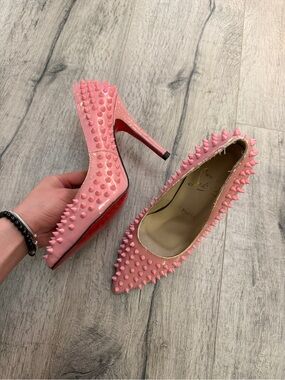 Christian Louboutin Pink Spiked Patent Pumps with Red Soles